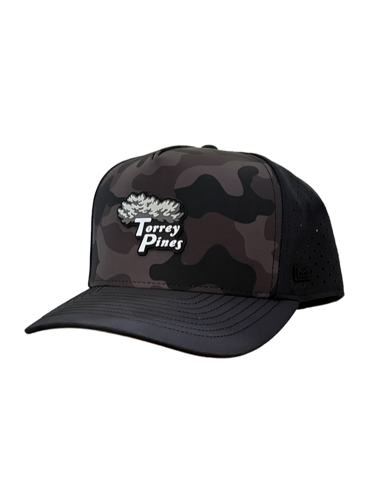 Camouflage and black baseball cap with 'Torrey Pines' logo on a white background