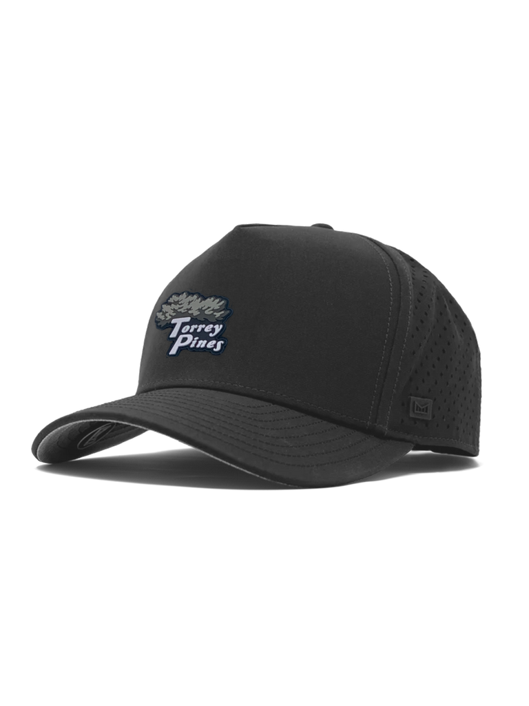 Dark charcoal grey heathered cap with a logo on a white background